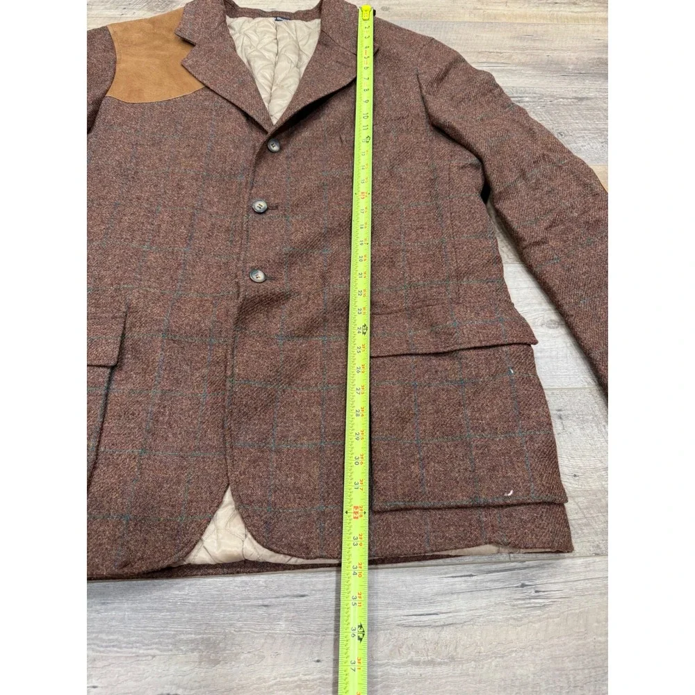 Cesarani Mens XXL Wool Tweed Shooting Jacket Suede Patches Brown Plaid Coat